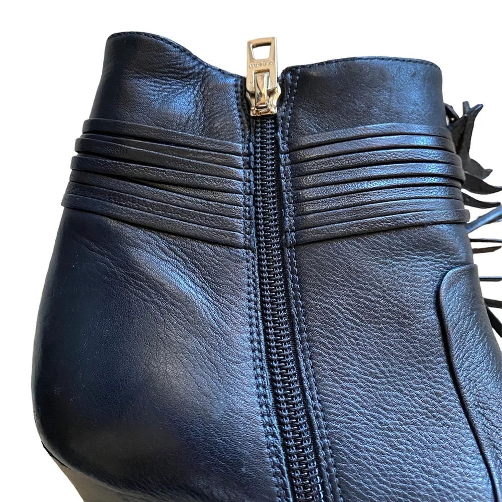 Coach Black Leather Peep-Toe Stiletto Ankle Boots with Feather Tassel